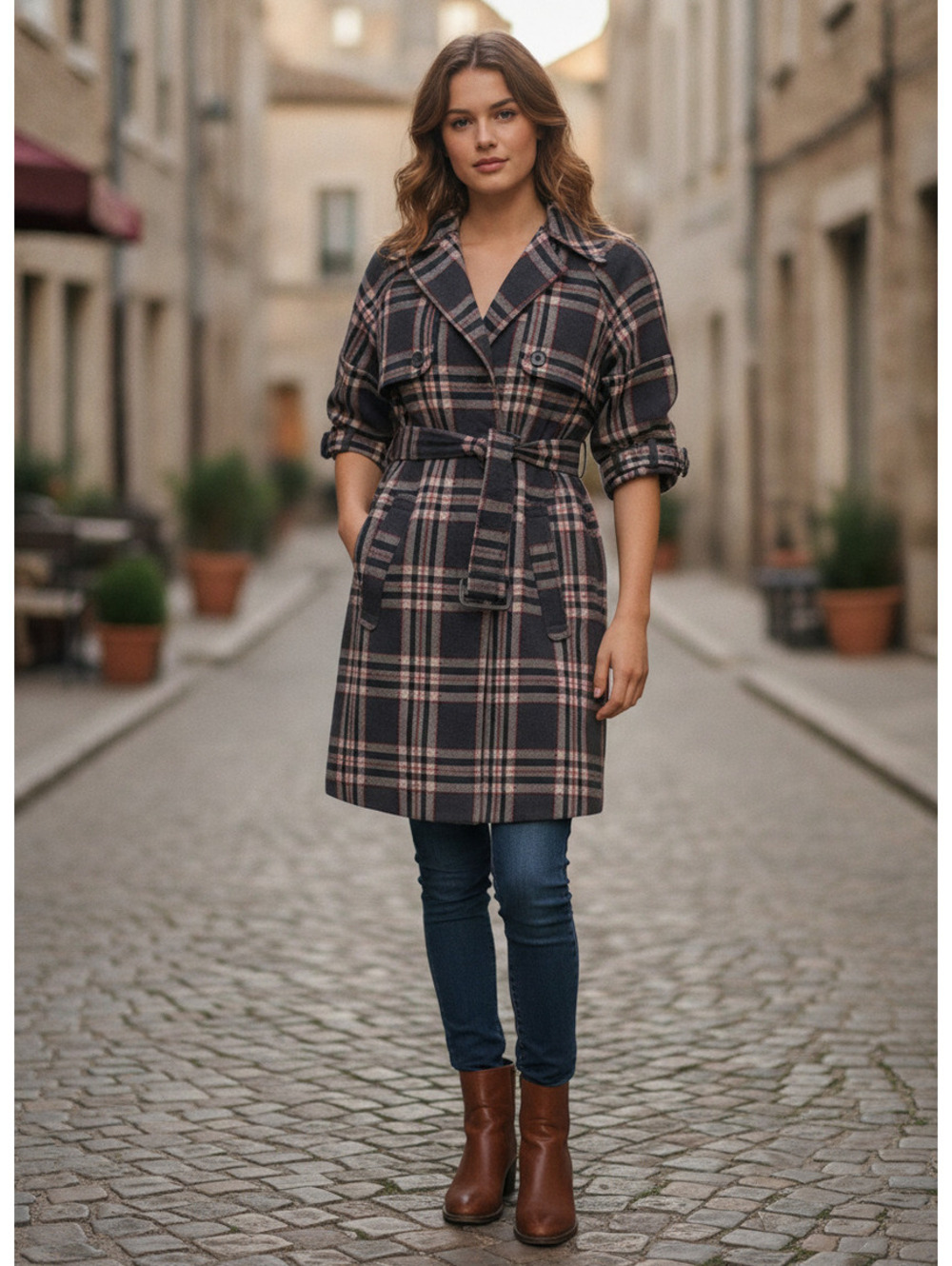 B.B. Dakota Plaid Wool Blend Belted Trench Coat Women’s Small Gray Red